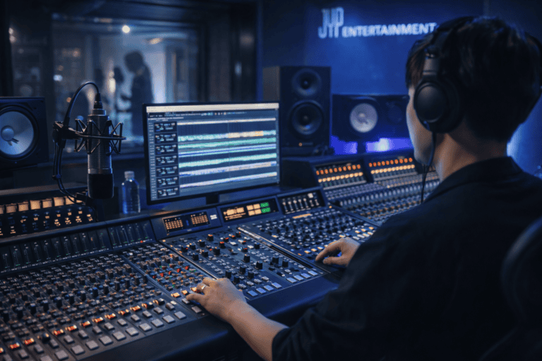 정확한 비트와 음악 조정을 하는 프로듀서 모습.